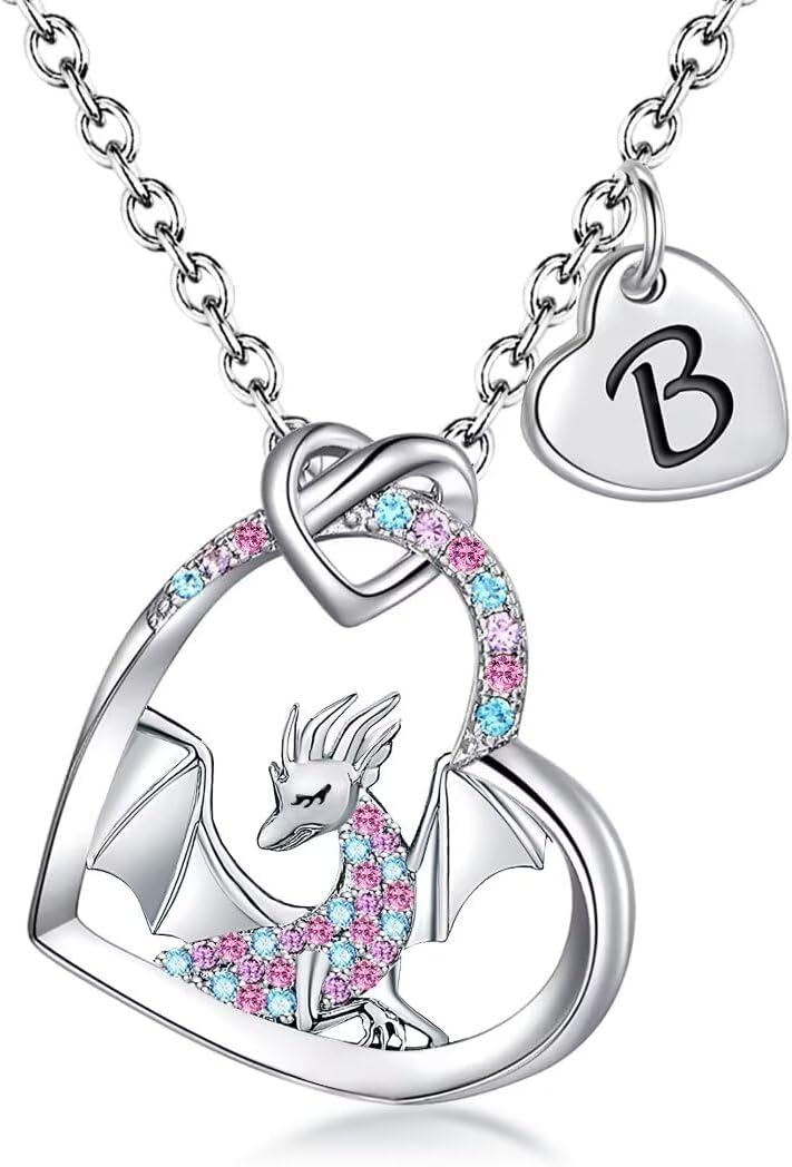 BAOWING Store Dragon Necklace Gifts for Kids Girls Rainbow Dinosaur Animal Pendant Colorful CZ Heart Letter Initial Jewelry Gifts for Daughter Granddaughter Niece Little Teen Girl - Image 1